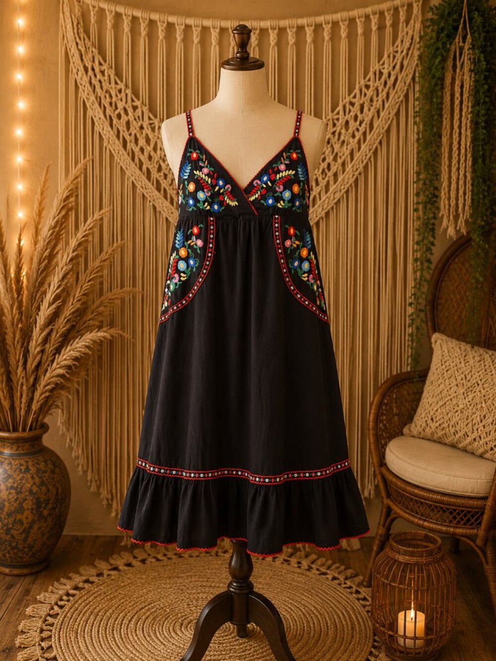 Black Boho Embroidered Sundress • Colorful Floral Embroidery • Spaghetti Strap